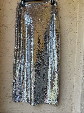 Gianni Bini Silver Sequin Skirt Sz S Straight Sparkling NWT